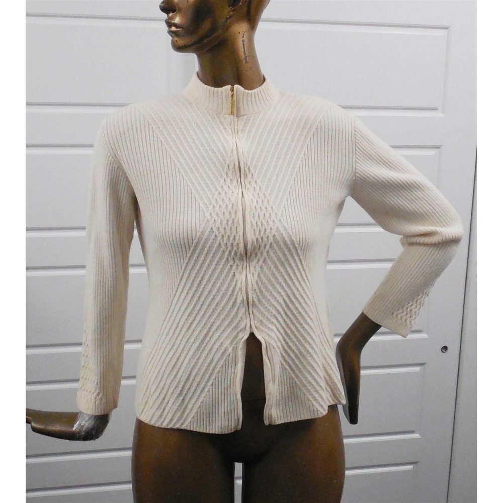 St John Collection sz 6 Beige Ribbed Knit Full Zip Sweater USA